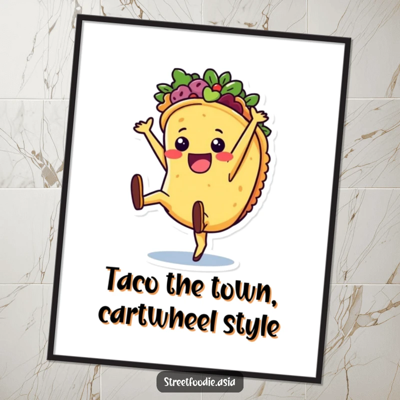 Funny Free Printable Taco Wall Art: A joyful taco character performing a cartwheel, adding vibrant, fun decor.