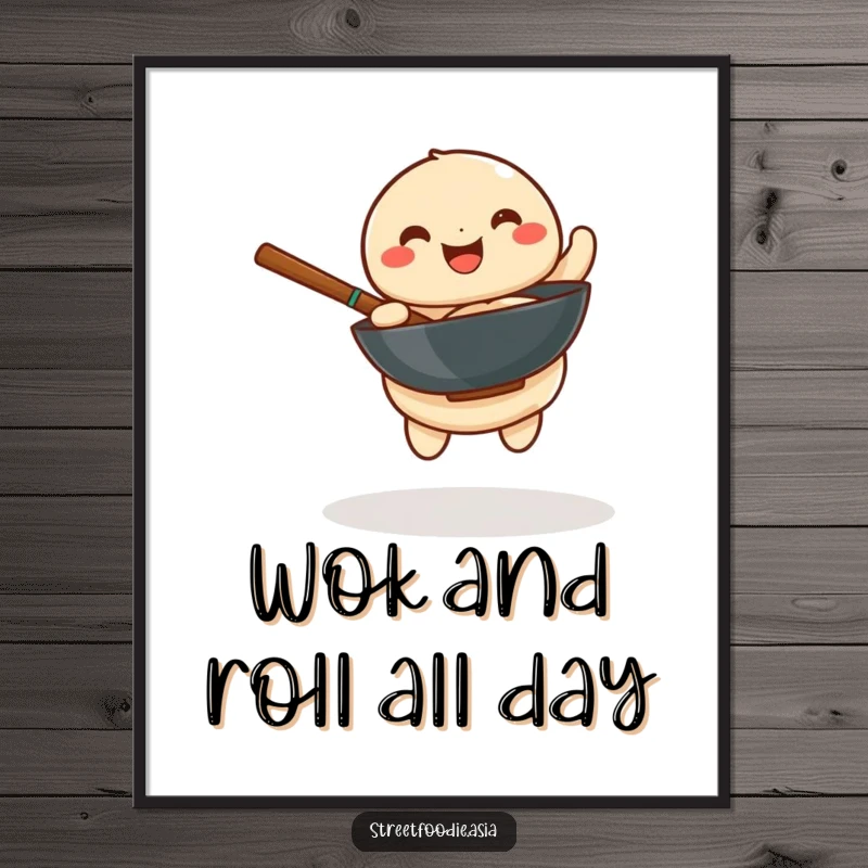 Funny Free Printable Wall Art: A playful dumpling joyfully spinning a miniature wok with culinary flair.