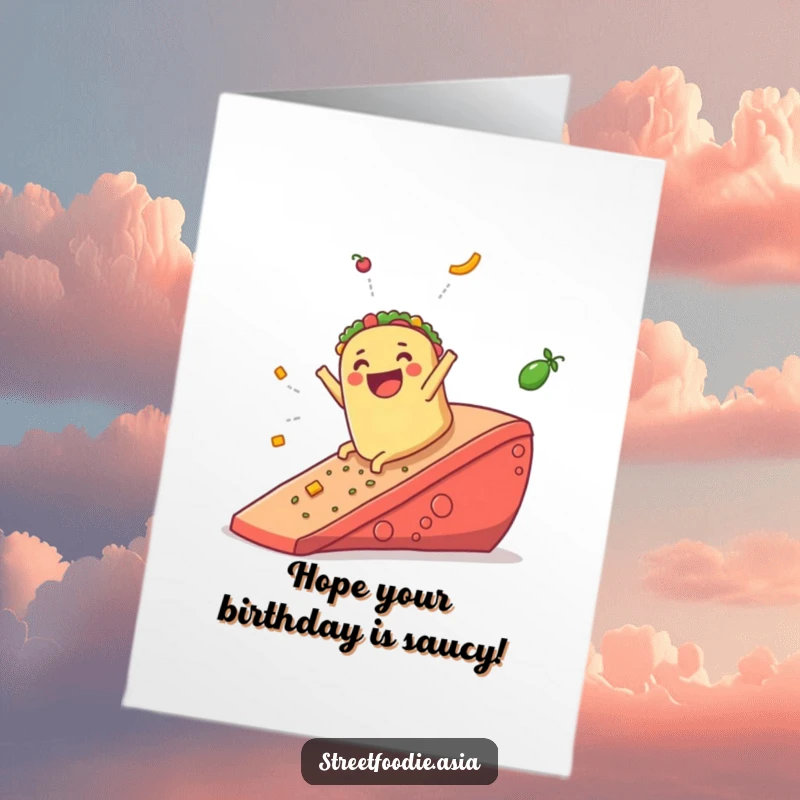 Funny Free Printable Birthday Card: A jubilant burrito joyfully sliding down a giant salsa ramp, celebrating.