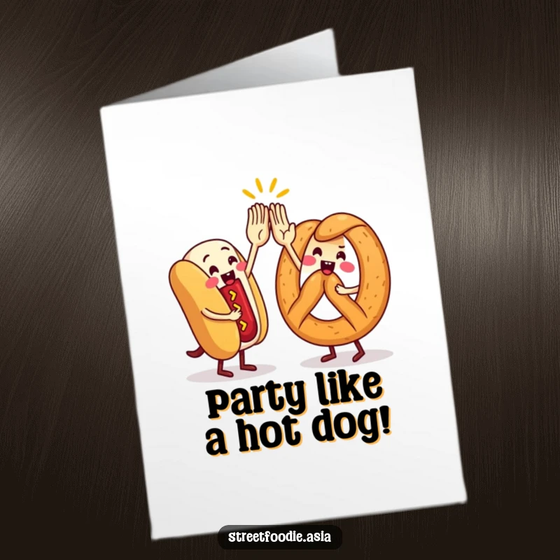 Funny Free Printable Street Food Birthday Card: Hot dog and pretzel characters giving a high-five for a birthday.