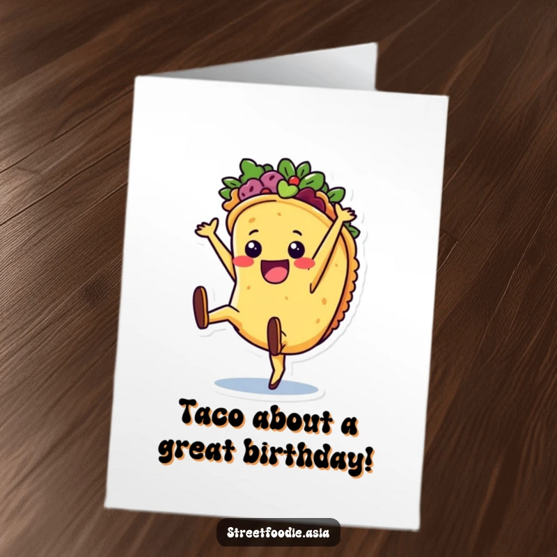 Funny Free Printable Taco Birthday Card: A joyful taco character performing a cartwheel to celebrate.