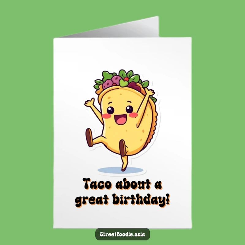Free Printable Taco Birthday Card: Joyful Cartwheel Character Downloadable Greeting