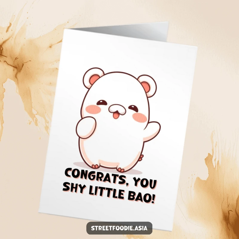 Funny Free Printable Bao Congrats Card: A shy piece of bao doing a little wave to congratulate someone.