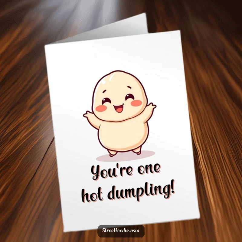 Funny Free Printable Congratulations Dumpling Card: A smiling dumpling character doing a happy jig to celebrate.