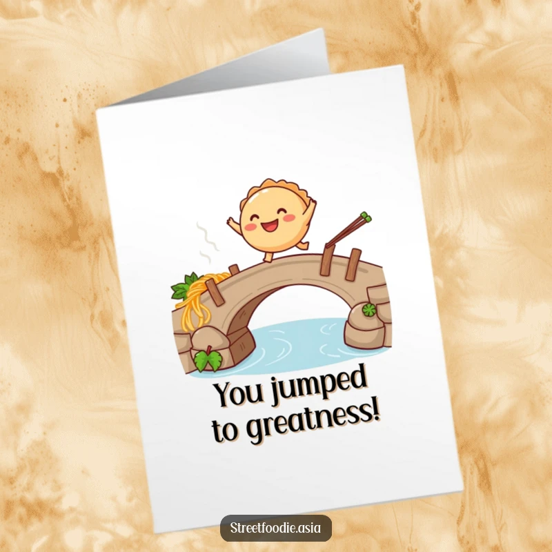 Funny Free Printable Congratulations Card: A smiling empanada leaping over a steaming noodle bridge, marking an achievement.