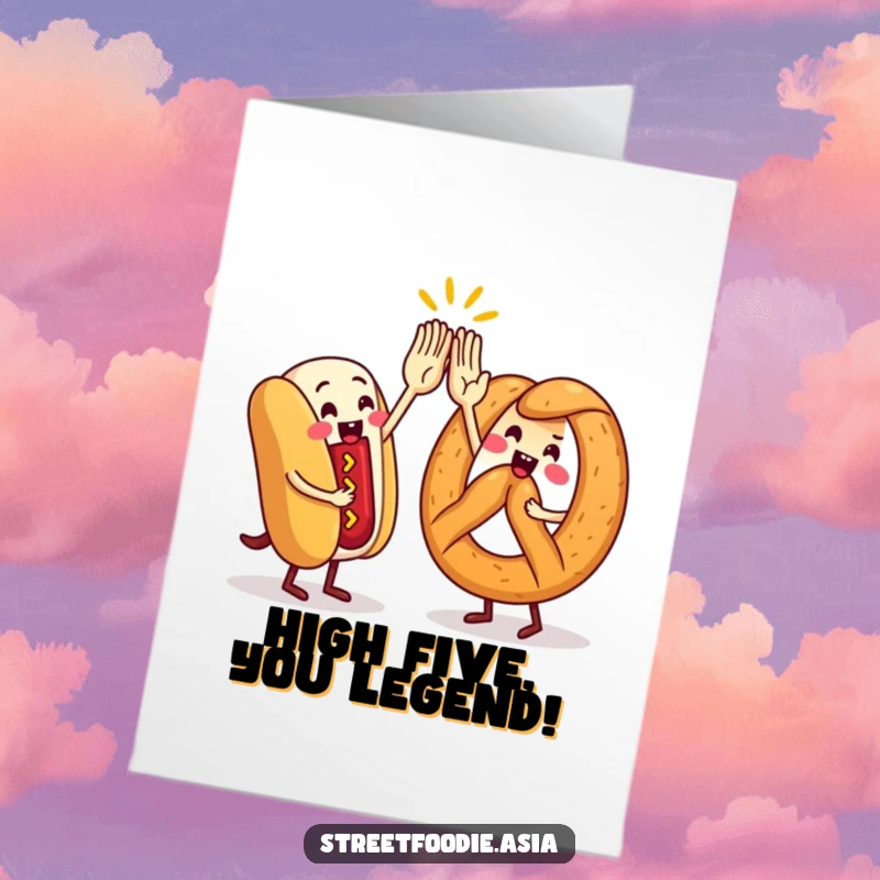 Funny Free Printable Street Food Congrats Card: Hot dog and pretzel characters giving a high-five to celebrate.