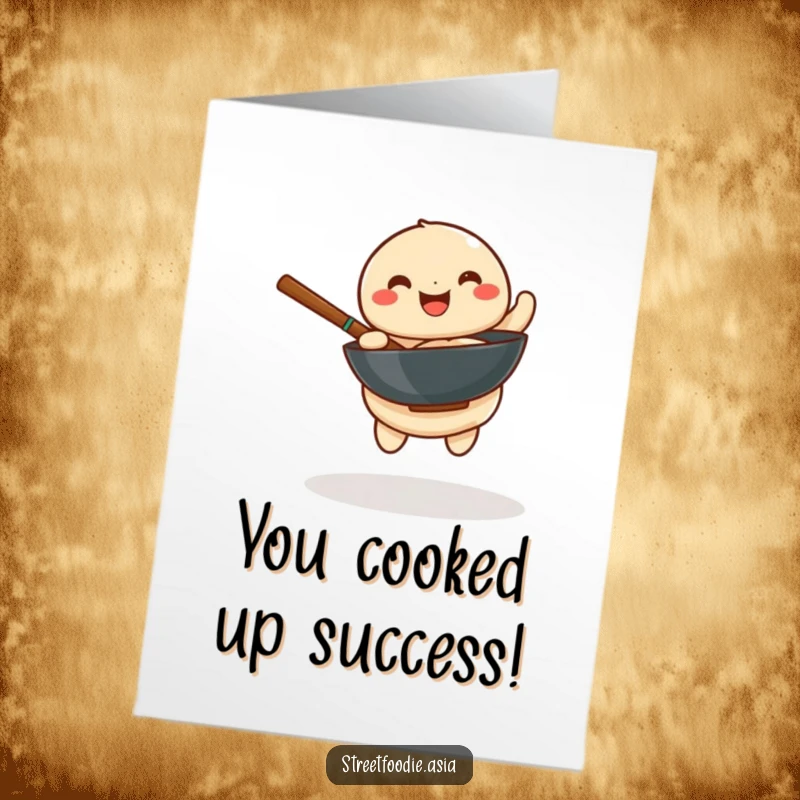 Funny Free Printable Congratulations Card: A playful dumpling spinning a miniature wok, celebrating an achievement.