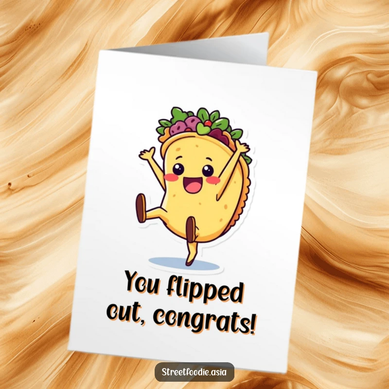 Funny Free Printable Taco Congrats Card: A joyful taco character performing a cartwheel to congratulate someone.
