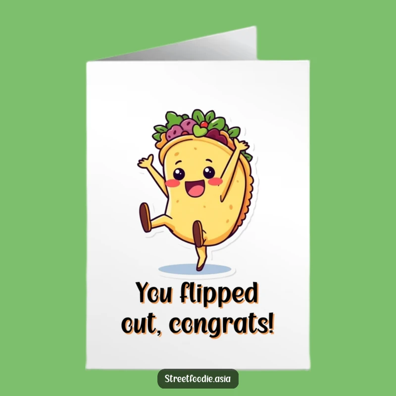 Free Printable Taco Congrats Card: Joyful Cartwheel Character Downloadable Greeting