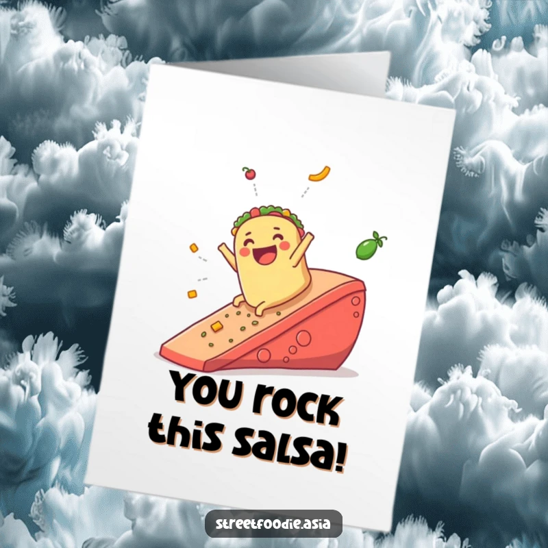 Funny Free Printable Congratulations Card: A jubilant burrito sliding down a giant salsa ramp, celebrating a win.