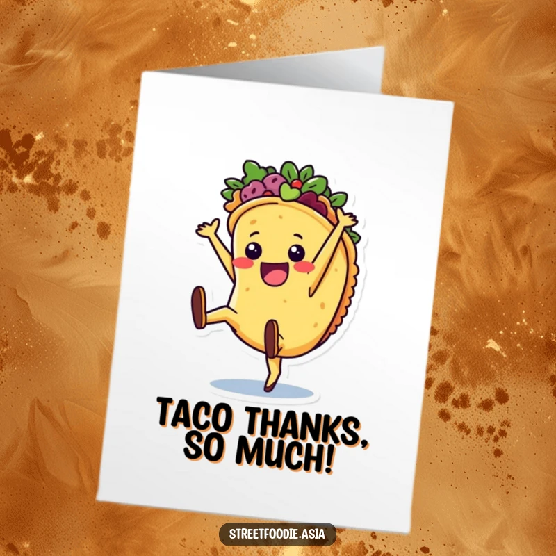 Funny Free Printable Taco Thank You Card: A joyful taco character performing a cartwheel to say thank you.