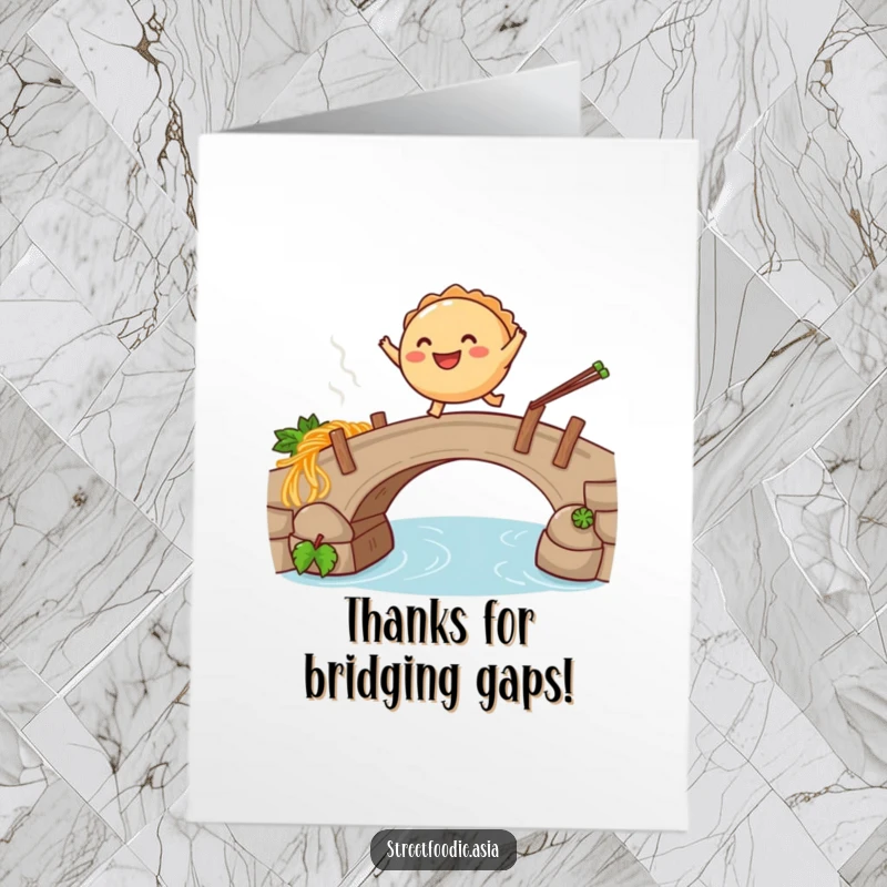 Funny Free Printable Thank You Card: A smiling empanada leaping over a noodle bridge, expressing thanks.