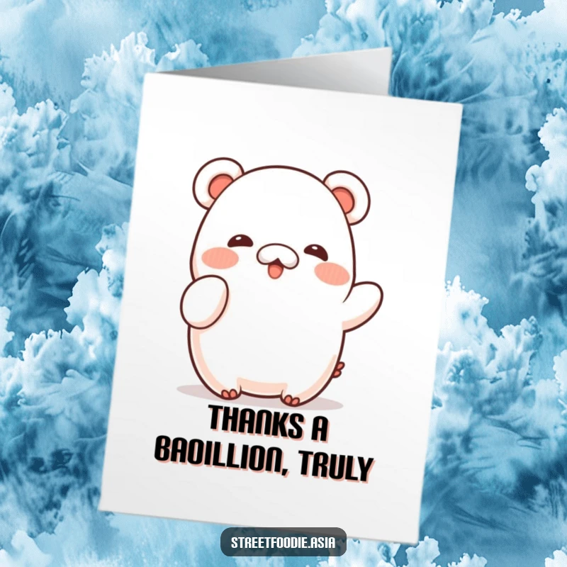 Funny Free Printable Bao Thank You Card: A shy piece of bao doing a little wave to say thank you.