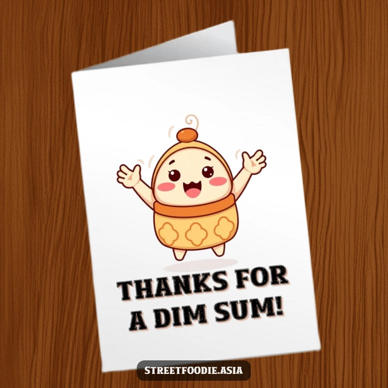 Funny Free Printable Thank You Dim Sum Card: A happy dim sum character with tiny arms waving enthusiastically.
