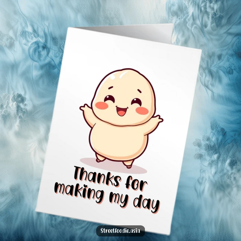 Funny Free Printable Thank You Dumpling Card: A smiling dumpling character doing a happy jig to show thanks.