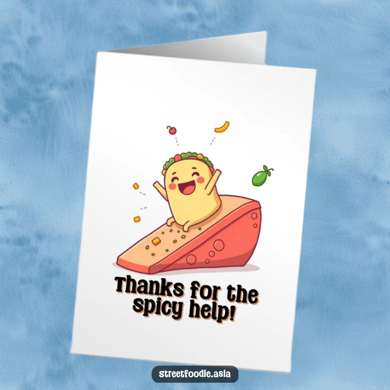 Funny Free Printable Thank You Card: A jubilant burrito sliding down a salsa ramp, expressing thanks.