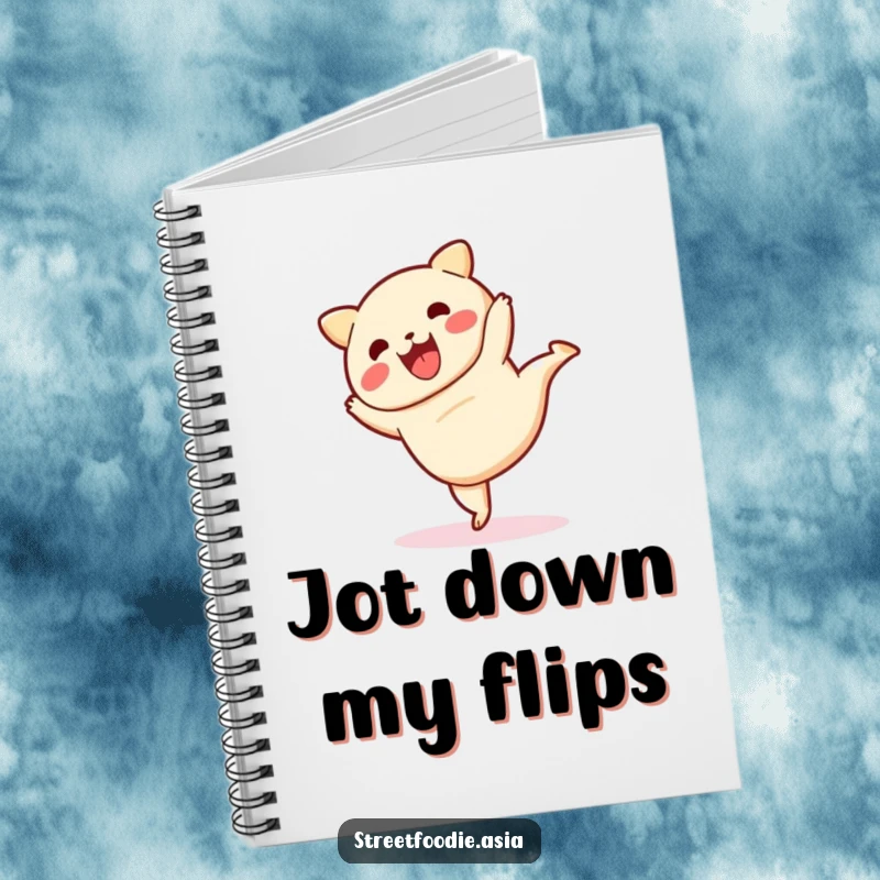 Funny notebook with a dim sum character doing a cartwheel on the cover, inspiring fun note-taking.