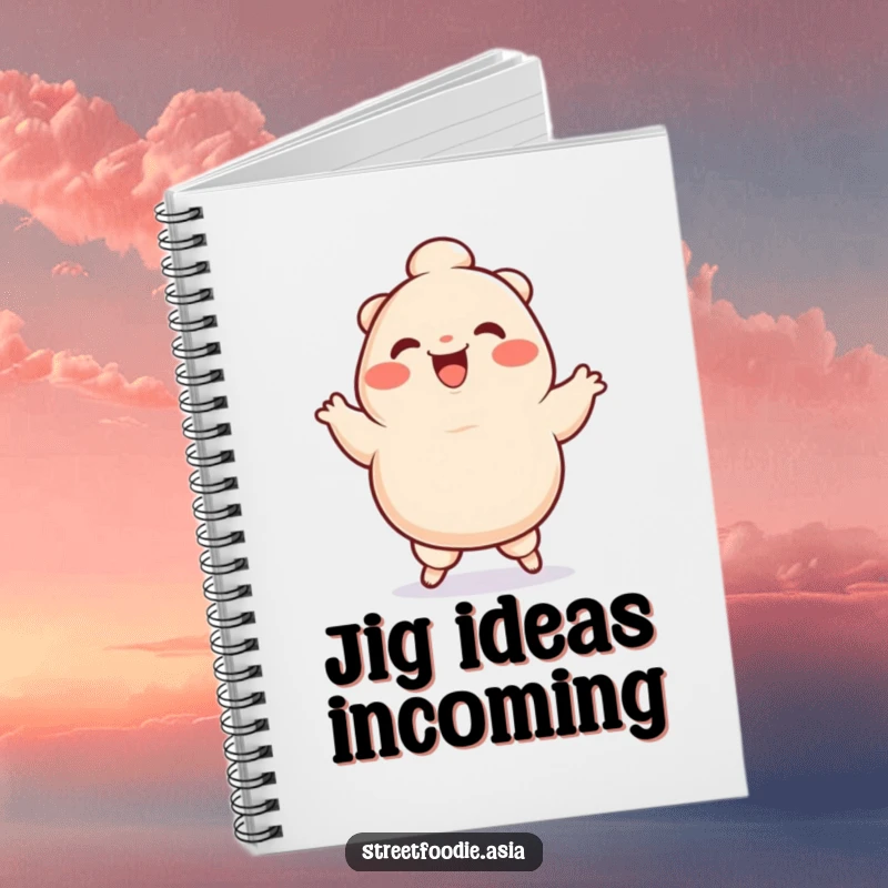 Funny Notebook with a smiling dumpling character joyfully performing a silly jig, designed for note-taking with a humorous touch.