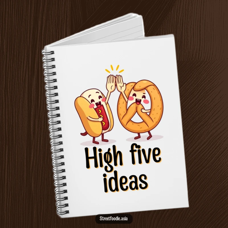 Funny Notebook featuring a hot dog and pretzel character in a high-five, designed for note-taking with a humorous, energetic theme.