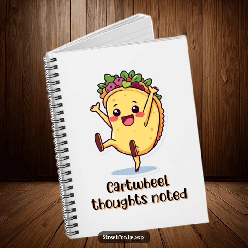 Funny Notebook featuring a joyful taco character in a cartwheel, designed for note-taking with a humorous, energetic theme.