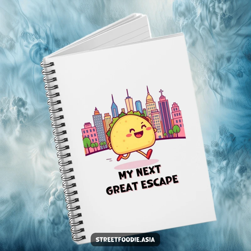 Funny notebook with a happy taco character with legs sprinting towards a cityscape, designed for jotting down humorous notes.