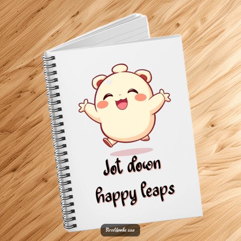 Funny notebook adorned with a happy dumpling character leaping with joy, perfect for fun and inspiring notes.
