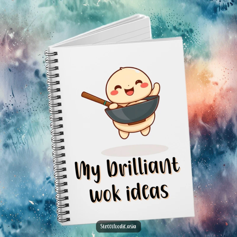 Funny notebook with a playful dumpling joyfully spinning a miniature wok, perfect for jotting down humorous kitchen notes.