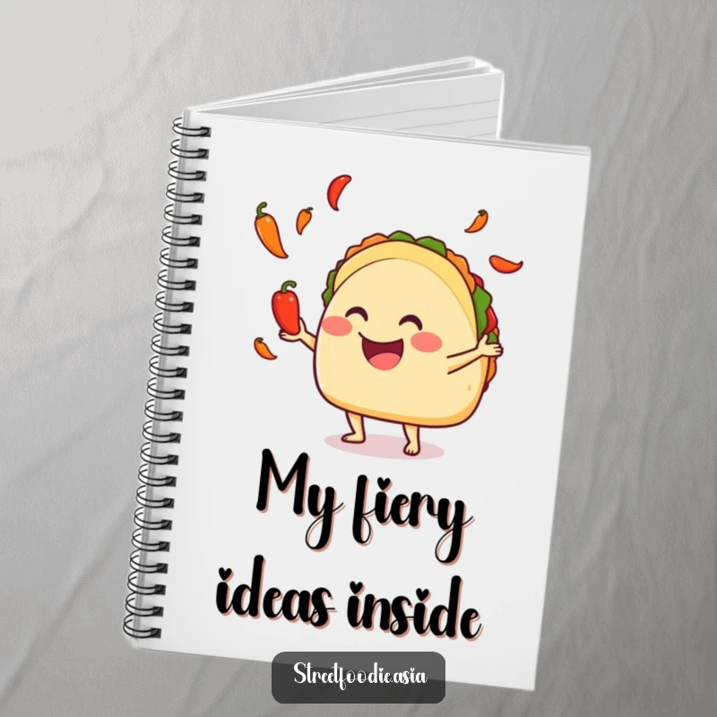Funny taco juggling hot peppers on a notebook, perfect for jotting down spicy ideas. Perfect funny gift.