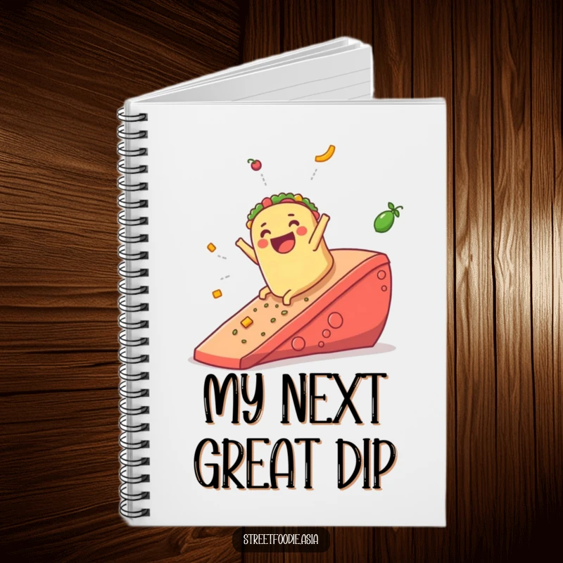 Funny notebook with a happy burrito sliding down a giant salsa ramp, perfect for jotting down notes and humorous thoughts.