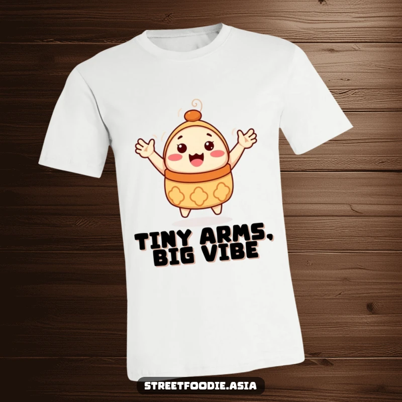 Funny Dim Sum T-Shirt: A happy dim sum character with tiny arms enthusiastically waving hello. Hilarious and fun, a great gift.