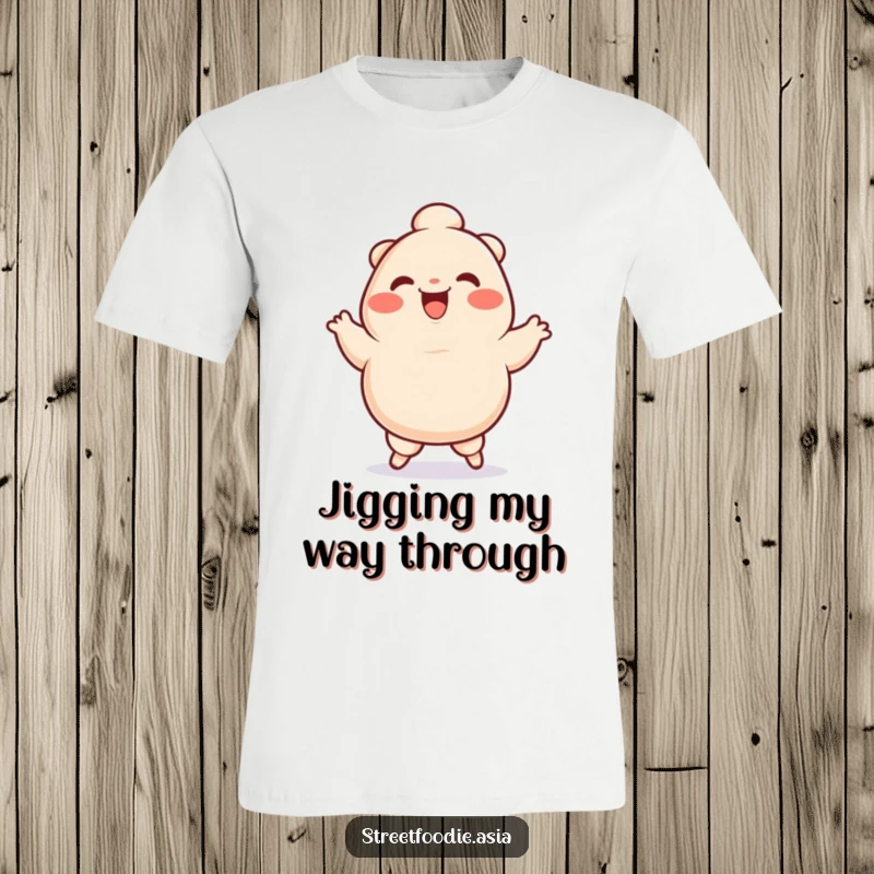 Funny T-Shirt showcasing a smiling dumpling character in a hilarious, energetic silly jig pose, perfect for humor enthusiasts.