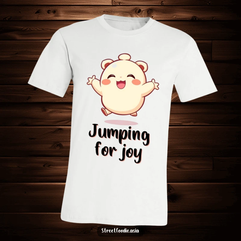 Funny t-shirt displaying a jubilant dumpling character leaping high with pure, uncontainable joy and amusement.