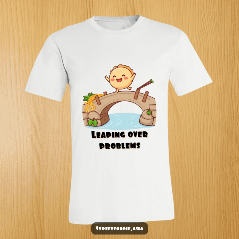Funny t-shirt showcasing a smiling empanada leaping high over a steaming noodle bridge, full of excitement and daring.