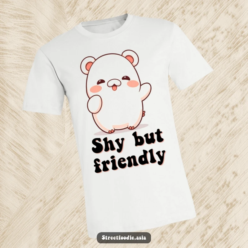 Funny T-Shirt displaying a shy bao character offering a timid, endearing wave, perfect for expressing gentle humor.