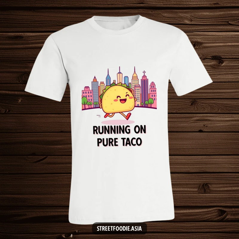 Funny t-shirt with a joyful taco character with legs sprinting energetically towards a bright, bustling cityscape, radiating happiness.