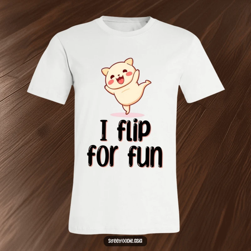 Funny t-shirt featuring a silly dim sum character doing a cartwheel, radiating pure, unadulterated fun and energy.
