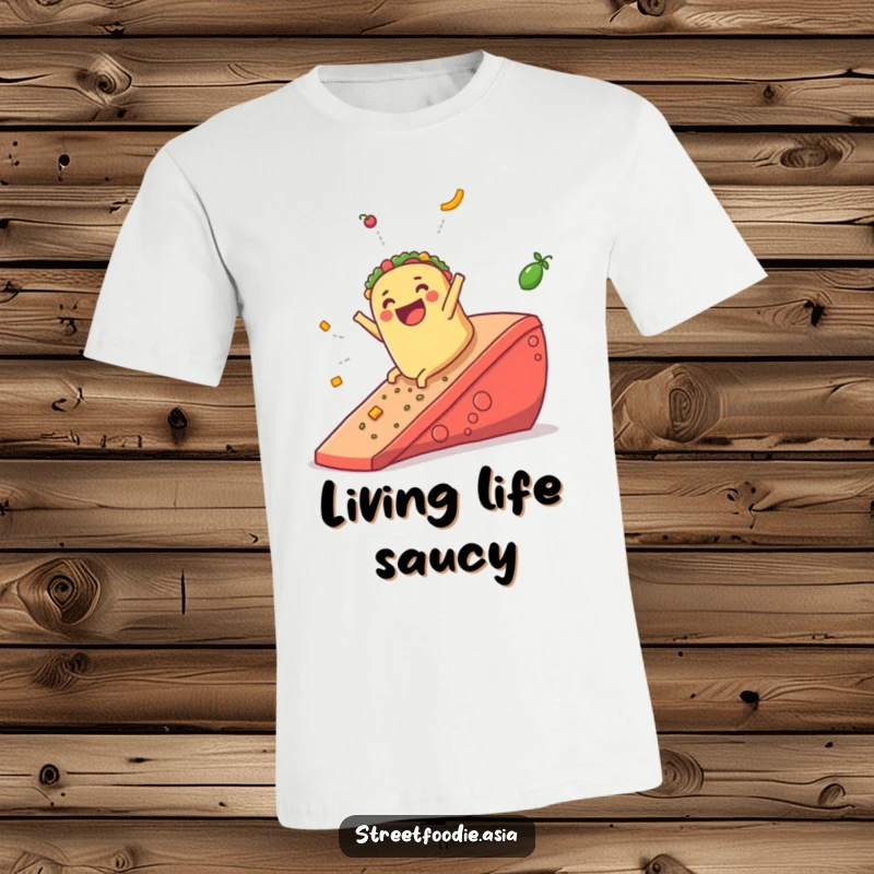 Funny t-shirt showcasing a very happy burrito sliding down a huge salsa ramp, full of excitement and motion.