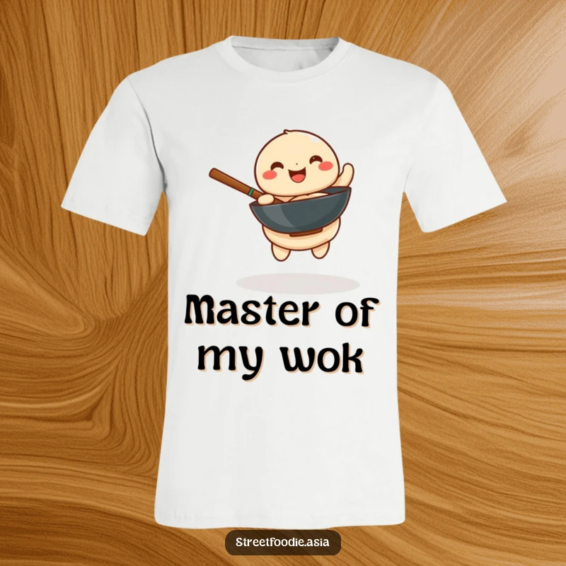 Funny t-shirt depicting a joyful dumpling energetically spinning a very small wok, showcasing skill and happiness.
