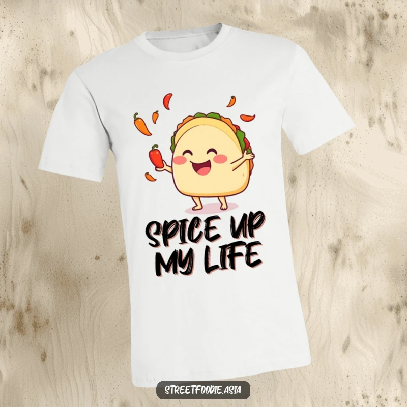Funny smiling taco juggling tiny hot peppers on a t-shirt, radiating playful energy and spicy humor. Great funny gift.