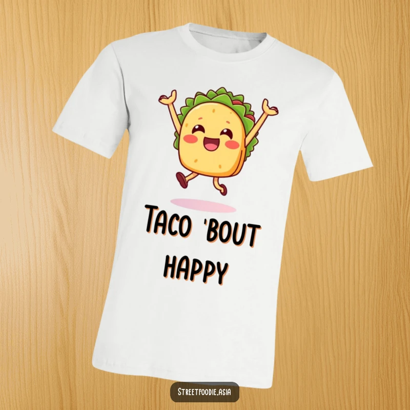 Funny Taco Jump T-Shirt depicting a happy taco character doing a celebratory jump. Ideal for festive occasions.