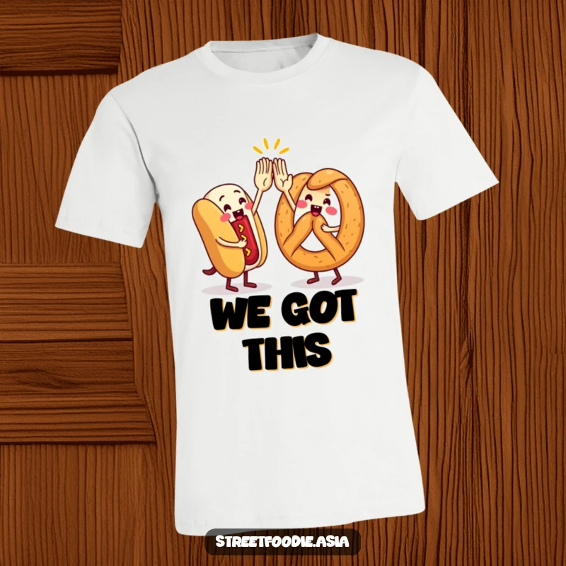 Funny T-Shirt featuring a hot dog and pretzel character sharing an energetic high-five, celebrating friendship and street food.
