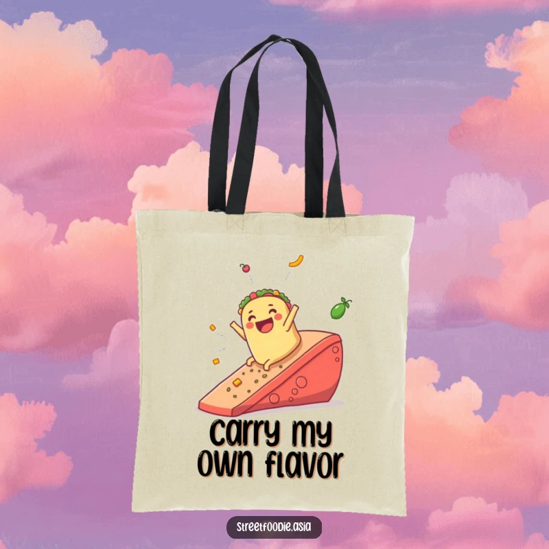 Funny tote bag featuring a happy burrito sliding down a giant salsa ramp, designed for carrying items with a humorous touch.