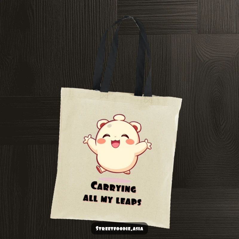 Funny tote bag with a smiling dumpling character in an energetic leap, perfect for carrying groceries and smiles.