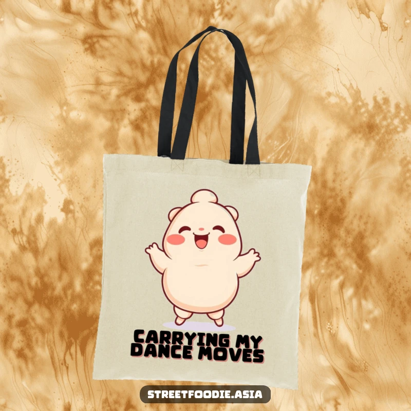 Funny Tote Bag featuring a smiling dumpling character mid-silly jig, designed for practicality and cheerful, humorous appeal.