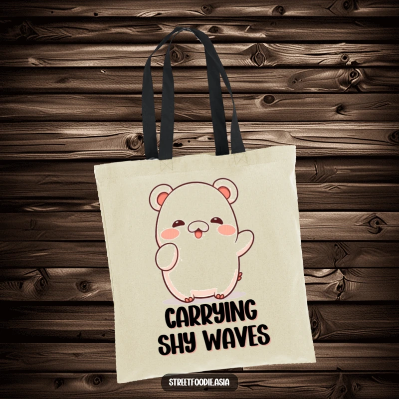 Funny Tote Bag showing a shy bao character performing a small, sweet wave, practical for carrying items with a dose of charm.