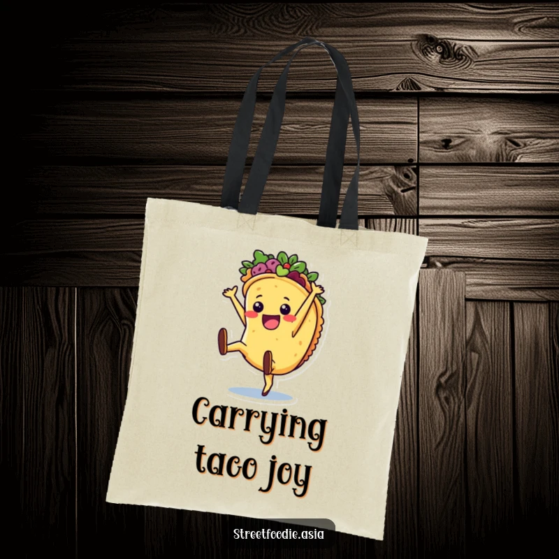 Funny Tote Bag showing a joyful taco character in mid-cartwheel, ideal for carrying items with a dose of festive fun.