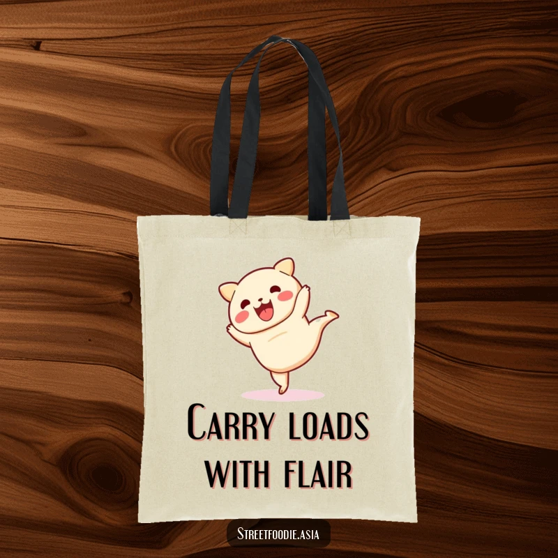 Funny tote bag depicting a playful dim sum character in a lively cartwheel, perfect for shoppers who love humor.