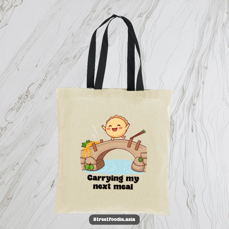 Funny tote bag featuring a smiling empanada leaping over a steaming noodle bridge, designed for carrying items with a humorous touch.