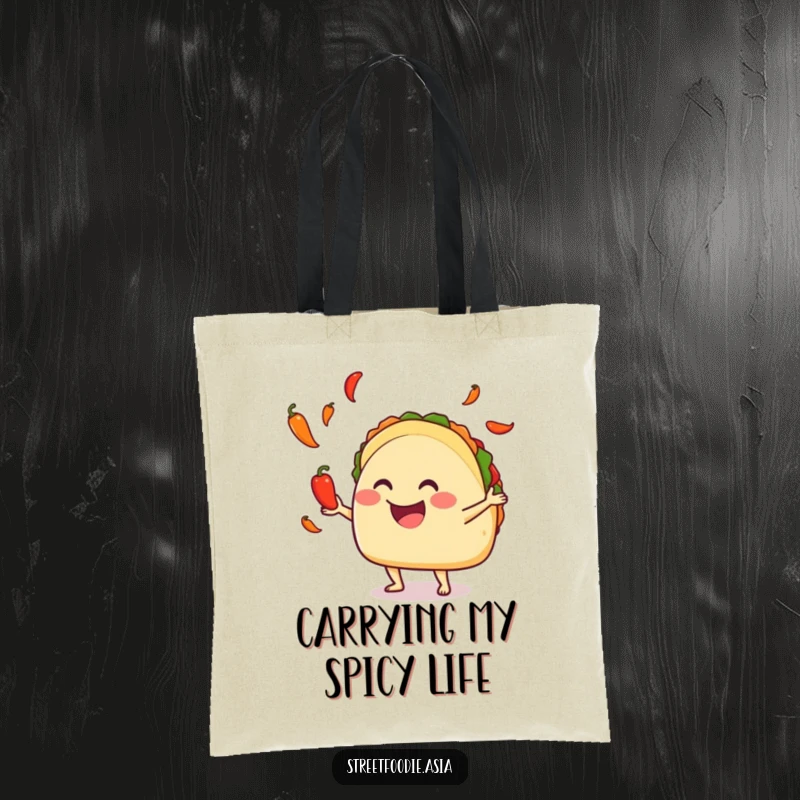 Funny taco juggling tiny hot peppers on a tote bag, perfect for carrying items with spicy personality. Great funny gift.