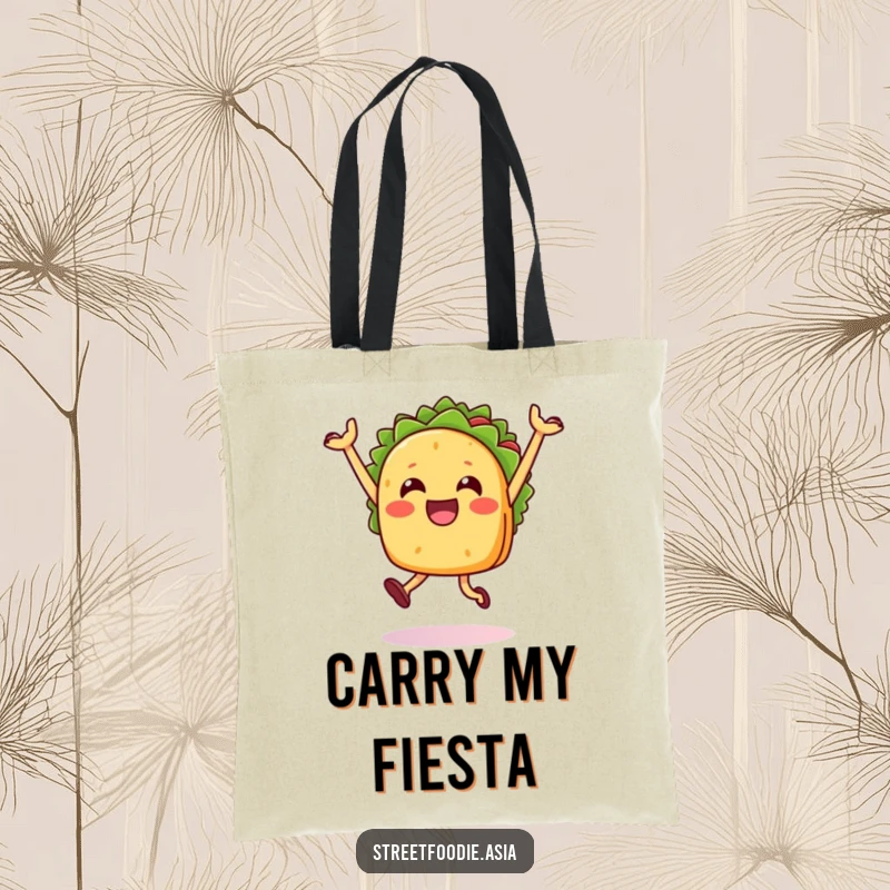 Funny Taco Jump Tote Bag illustrating a happy taco character doing a celebratory jump. Practical and festive humor.